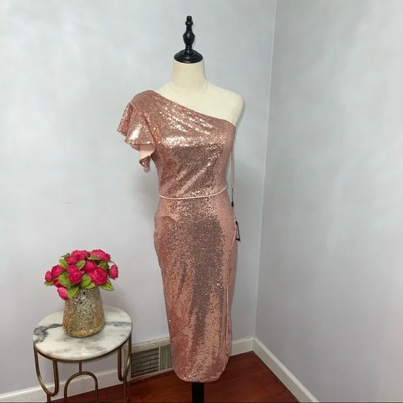 # Mac Duggal Rose Gold Sequins One Shoulder Ruffle Mini Dress / Gown New W/ Tag - Picture 8 of 17